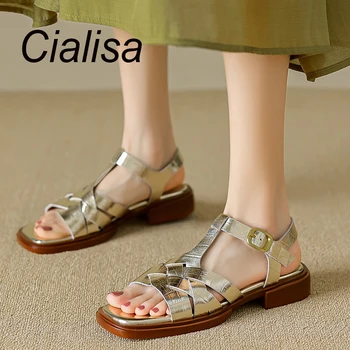 Сандалии Cialisa 2023, Новая женская обувь из натуральной кожи, Модное платье ручной работы на каждый день, женские сандалии на низком каблуке 3 см, Золотые размеры 33-40