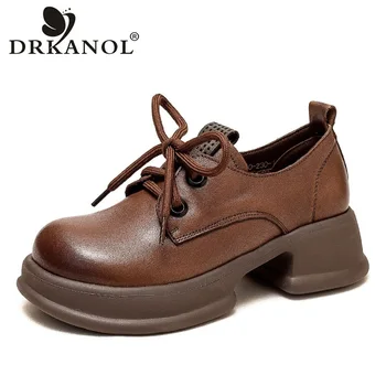 DRKANOL/ Модная женская обувь, весенняя повседневная обувь на платформе и высоком толстом каблуке, женские туфли-лодочки из натуральной кожи ручной работы в стиле ретро, H3580J