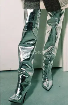 2016 Рождественские женские сапоги из зеркальной кожи серебристого цвета с металлическим отливом выше колена, сапоги до бедра, с острым носком, на высоком каблуке, zapatos mujer
