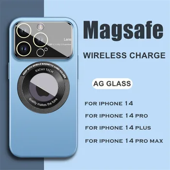 Роскошный Магнитный чехол для беспроводной зарядки Magsafe для iPhone 14 13 12 Pro Max 14Plus 14 Pro AG со стеклянной защитой объектива, жесткий чехол