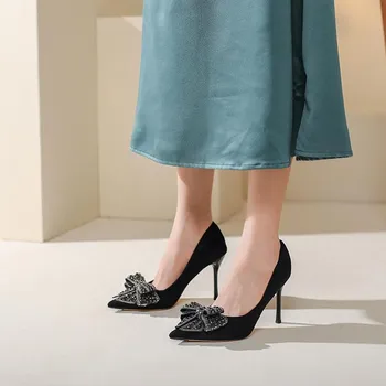 Весна и осень 2023, новые женские тонкие туфли на высоком каблуке с острым бантом, однотонные черные туфли на высоком каблуке, Удобная универсальная женская обувь