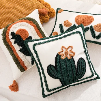 Декоративная подушка с вышивкой на холсте в скандинавском стиле, наволочка с изображением кактуса для домашнего декора, наволочка Cottagecore Tulip