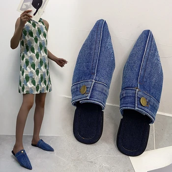 Джинсовые тапочки на плоской подошве, сандалии с острым носком, женские Летние сандалии 2022 года в корейском стиле, однотонная обувь больших размеров, Sandalias