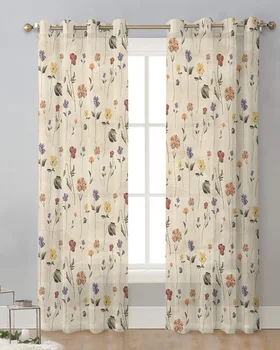 Занавеска с цветочным рисунком в стиле ретро, Тюлевые занавески для гостиной, Кухонные шторы для обработки окон, Вуалевые занавески