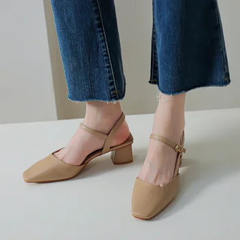 2023 Летние женские кожаные сандалии с квадратным носком и ремешками на лодыжках, Босоножки на среднем квадратном каблуке, женские повседневные сексуальные туфли-лодочки