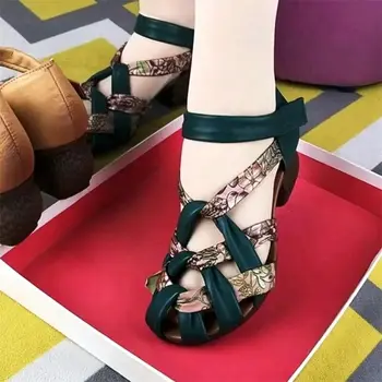 Женская летняя обувь, Повседневные сандалии с вырезами на среднем каблуке, Элегантные женские туфли-лодочки в стиле ретро, женские босоножки с цветным блоком на щиколотке.