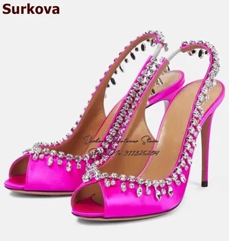 Розово-оранжевые свадебные туфли Surkova из атласа с блестящей хрустальной бахромой, вечерние туфли-лодочки на шпильке с открытым носком, Банкетная обувь