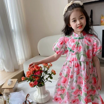 Menoea / Новые летние повседневные платья для девочек Sweet Kids, платье с цветочным принтом розы, праздничная детская одежда принцессы для девочек, детская одежда