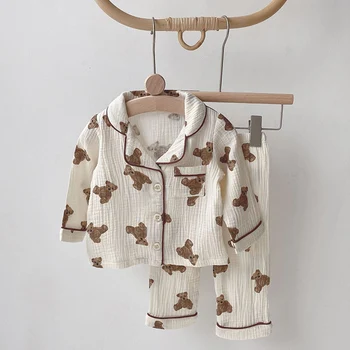 Детский пижамный комплект из 2 предметов, топ и штаны, костюмы для маленьких девочек и мальчиков, ночная одежда с длинными рукавами для малышей, детская пижама для младенцев, домашняя одежда