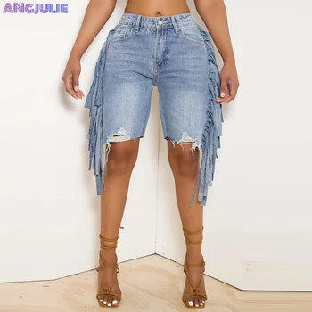 Angjulie Denim Летние джинсовые шорты с кисточками для женщин 2023, летняя уличная мода, повседневные женские шорты на пуговицах с высокой талией, Новые тенденции
