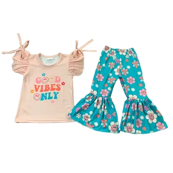 Бутик Miss Sassy, топ с короткими рукавами и оборками, Брюки с цветочным принтом, Комплекты одежды из 2 предметов, детская одежда для маленьких девочек.