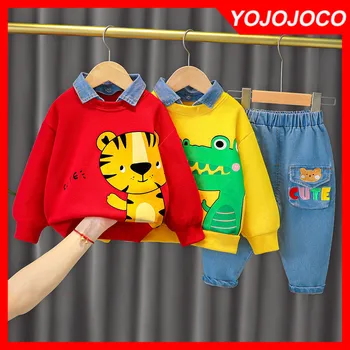 Одежда для маленьких мальчиков 0-4 лет, весенне-осенний костюм с длинными рукавами, хлопковый свитер с отворотами из мультфильмов для мальчиков + джинсы, детский комплект из 2 предметов