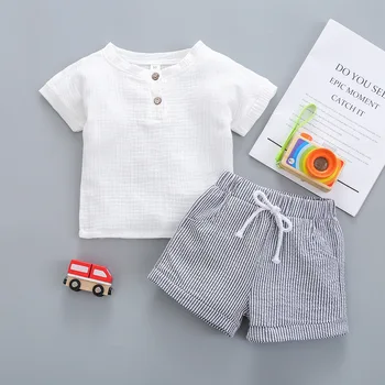 Комплекты одежды для малышей от 0 до 3 лет, Мягкая футболка с коротким рукавом, Топы, полосатые шорты, Летняя верхняя одежда
