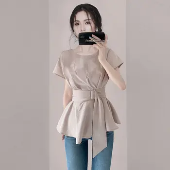 2023, Летняя тонкая женская блузка в корейском стиле, Элегантная однотонная рубашка с коротким рукавом, круглый воротник, универсальные топы Q155