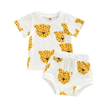 Костюм из 2 предметов для маленьких девочек и мальчиков, милая футболка с круглым вырезом и леопардовой головой с коротким рукавом + треугольные короткие штаны на бретелях в том же стиле