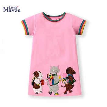 Little maven 2023 Платье с короткими рукавами для маленьких девочек Хлопковое платье с животными Мышь В школу Летняя Повседневная детская одежда