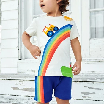 Летняя спортивная одежда для маленьких мальчиков и девочек, хлопковая повседневная футболка с круглым вырезом и коротким рукавом + шорты, детская одежда цвета радуги