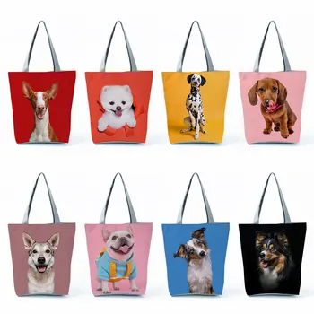 Милые сумки для собак большой емкости, повседневная дорожная портативная однотонная сумка через плечо с животным принтом, женская сумка-тоут, складные сумки для покупок
