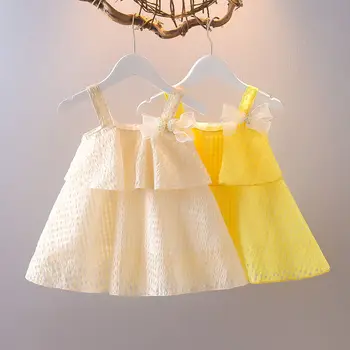 Новая летняя одежда для девочек 2023 года, повседневное платье без рукавов, детское платье в желтую клетку с блестящей кожей, пышное платье принцессы