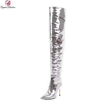 Оригинальное намерение, Супер Стильные женские сапоги выше колена, сапоги на тонком каблуке с острым носком, серебристые женские туфли, большие размеры США 3-10,5