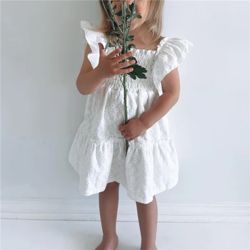 Платье Для маленьких девочек с белой цветочной вышивкой, платье трапециевидной формы с расклешенными рукавами, летнее детское милое платье принцессы