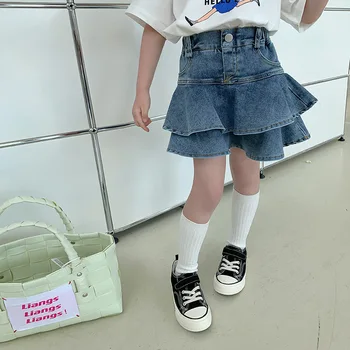 Детская одежда Юбка для девочек в Корейском стиле Sweet Cool Girl Джинсовая плиссированная Короткая юбка 2023 Весна Лето Поддельная юбка из двух частей