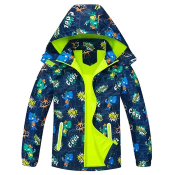 Новая весенне-осенняя детская верхняя одежда, куртки, модные детские синие куртки с динозаврами, двухслойные флисовые водонепроницаемые и ветрозащитные,
