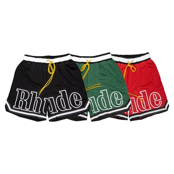 RHUDE 2023 Поступление Эластичные сетчатые шорты с завязками Пляжные Мужские Женские Винтажные дышащие брюки наилучшего качества 1: 1 Черный Зеленый Красный