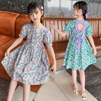 Летнее платье для маленьких девочек, Корейская кружевная одежда с дырочками, Модные Милые платья с цветочным узором для девочек, Хлопковый Детский костюм с коротким рукавом от 4 до 8 лет