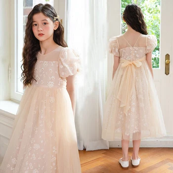 Праздничное платье для девочек 8-10 лет, свадебная одежда принцессы для подростковой церемонии, платье для выпускного вечера, длинное платье с цветочным бантом.