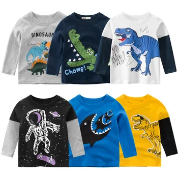 Детская одежда для мальчиков с длинными рукавами, футболки, весенне-осенние детские топы для мальчиков, футболки с динозаврами из мультфильмов, хлопковая детская одежда 3-10 лет