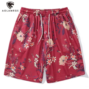 Уличная одежда Мужские пляжные шорты с цветочным принтом Красные Короткие брюки Летняя Повседневная пляжная одежда Harajuku High Street Свободная Модная одежда