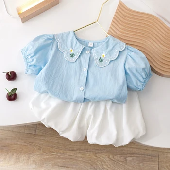 Милые комплекты одежды для маленьких девочек, летняя милая футболка с вышивкой и цветочным рисунком + шорты, 2 предмета, детская одежда в корейском стиле, костюм от 0 до 6 лет