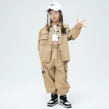 Детский танцевальный костюм в стиле хип-хоп, одежда для девочек, джазовая одежда цвета хаки, одежда для выступлений на сцене Kpop, костюм для мальчиков в стиле хип-хоп