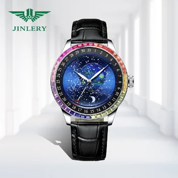 Мужские часы JINLERY, автоматические механические часы с рисунком Звездного Неба, модные часы, наручные часы с красочным бриллиантом, новинка 2023 года