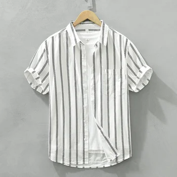 Мужская летняя рубашка в полоску с короткими рукавами из высококачественного чистого хлопка, свободная модная универсальная рубашка, мужская уличная одежда, классические топы