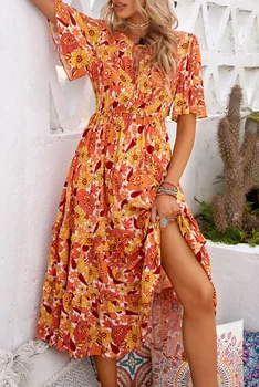 Оранжевое богемное платье в цветочек с развевающимися рукавами для женщин, летнее пляжное короткое платье