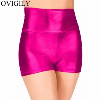 Женские танцевальные шорты цвета фуксии металлик OVIGILY, блестящие тренировочные шорты для девочек, гимнастические красные шорты с высокой талией, Обтягивающие трусы