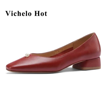 Vichelo/ Лидер продаж, натуральная кожа, квадратный носок, средний каблук, жемчужные украшения, корейские уличные красивые девушки, для свиданий, без застежки, уютные женские туфли-лодочки L56