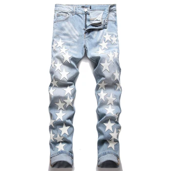 Уличная одежда, джинсы, мужчины, больше звезд, украшающих Длинные брюки в стиле пэчворк, облегающие роскошные джинсовые брюки в стиле хип-хоп Humans