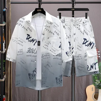 Мужской костюм, рубашка с графическим рисунком, шорты, Корейская улица Харадзюку, тенденции мужской модной одежды, тенденции мужской модной одежды