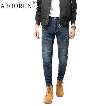 Модные мужские джинсы ABOORUN, эластичные мотоциклетные байкерские джинсовые брюки, обтягивающие джоггеры-карандаш для мужчин