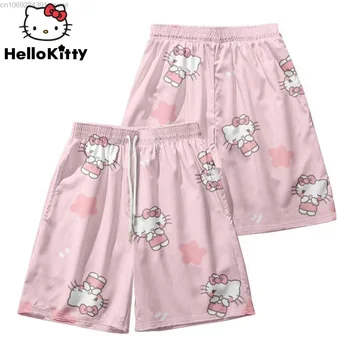 Sanrio Hello Kitty Розовые Шорты Мужские Летние 2023 Оверсайз Пляжные Короткие Брюки Yk2 Уличная Одежда Баскетбольные Шорты Спортивные Повседневные Брюки