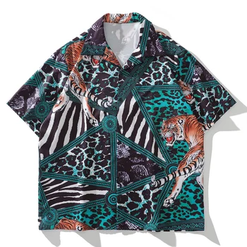 Кружевная модная футболка для отдыха с тигровым леопардовым принтом, рубашка с коротким рукавом, блузка, топы, мужские летние рубашки, хит продаж, мужские женские рубашки