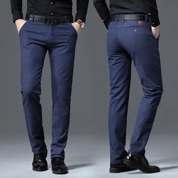 2021 Новые мужские повседневные брюки в клетку, деловые Повседневные облегающие Черные, синие Эластичные брюки классического стиля, мужская брендовая одежда