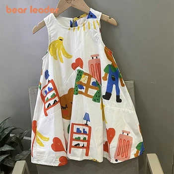 Bear Leader Удобная Корейская детская одежда 2023, летняя модная майка-безрукавка для девочек, юбка-платье для маленьких девочек