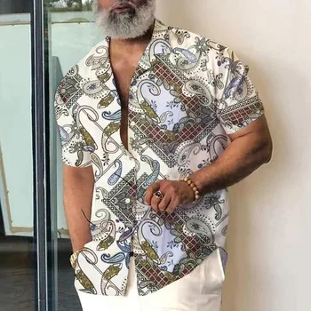 Новая летняя гавайская мужская рубашка Пляжный винтажный принт с коротким рукавом Мужская одежда Модная рубашка с отворотом и пуговицами для мужских топов