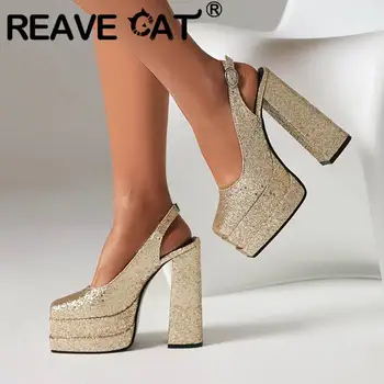 REAVE CAT Luxry / Женская Обувь-лодочки С Квадратным Носком На Массивном Каблуке 14 см, Двойная Платформа 5 см, Блестящий Ремешок Сзади, Пикантная Вечеринка, Большие Размеры 44 45