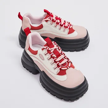 Женская обувь на массивном каблуке из натуральной кожи, милые розовые женские кроссовки на платформе, женская обувь, женская повседневная обувь на плоской платформе