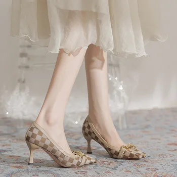 2023 Новые Женские туфли-лодочки, Роскошные дизайнерские туфли на шпильке с металлическим заострением и мелким носком, Женские вечерние туфли на высоком каблуке